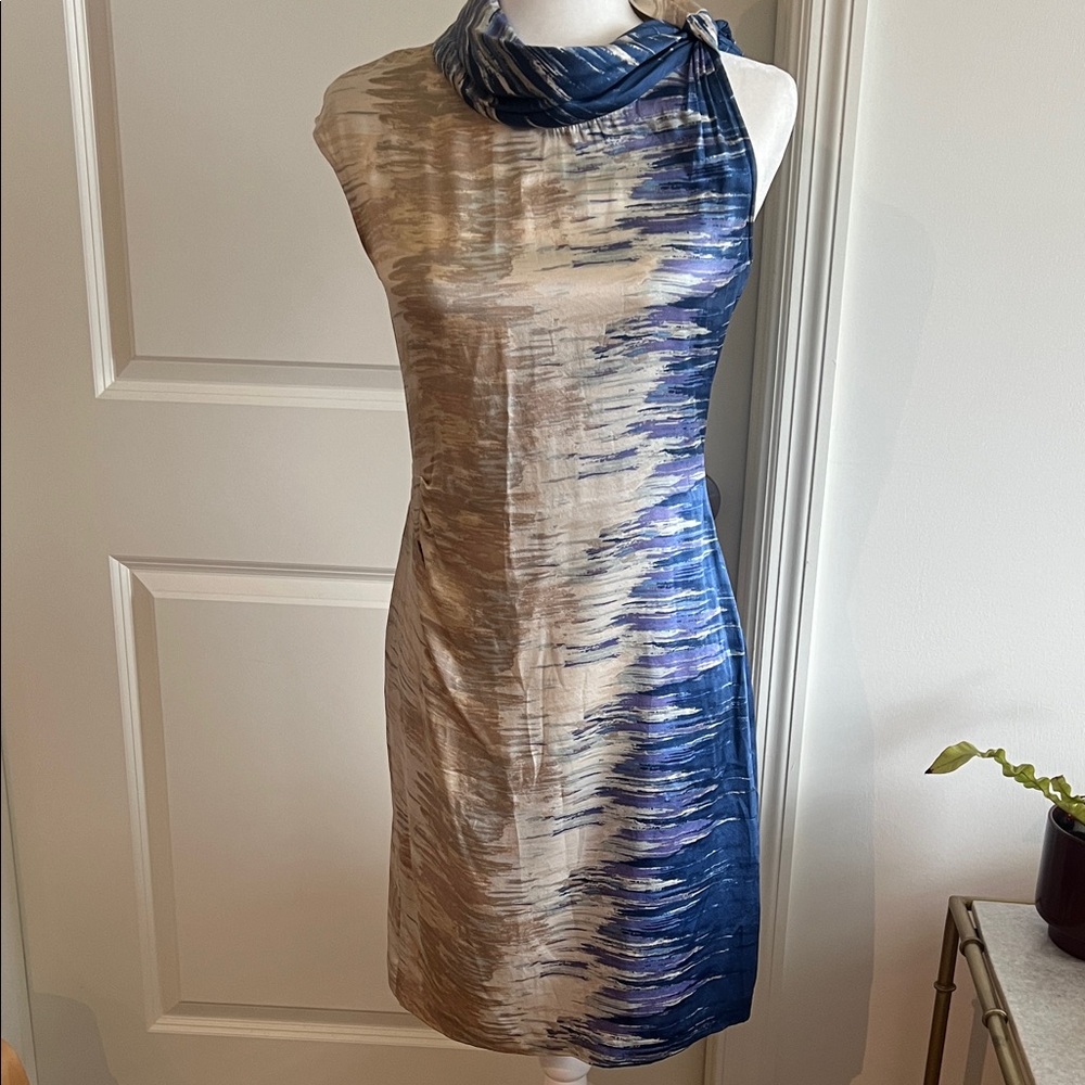 BCBGMaxAzria One Shoulder Dress in Blue/beige dress